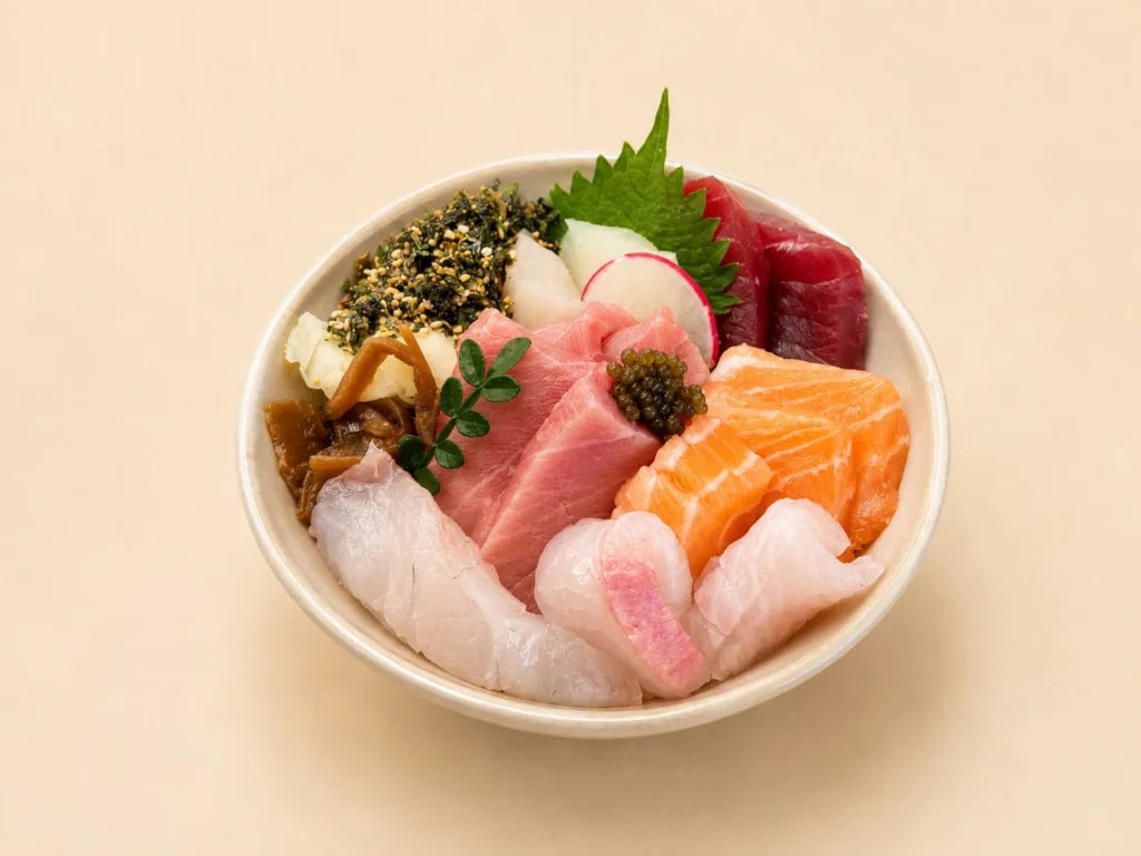 Xiaoman seafood don with sashimi and sweet shrimp at Bloom Cuisine