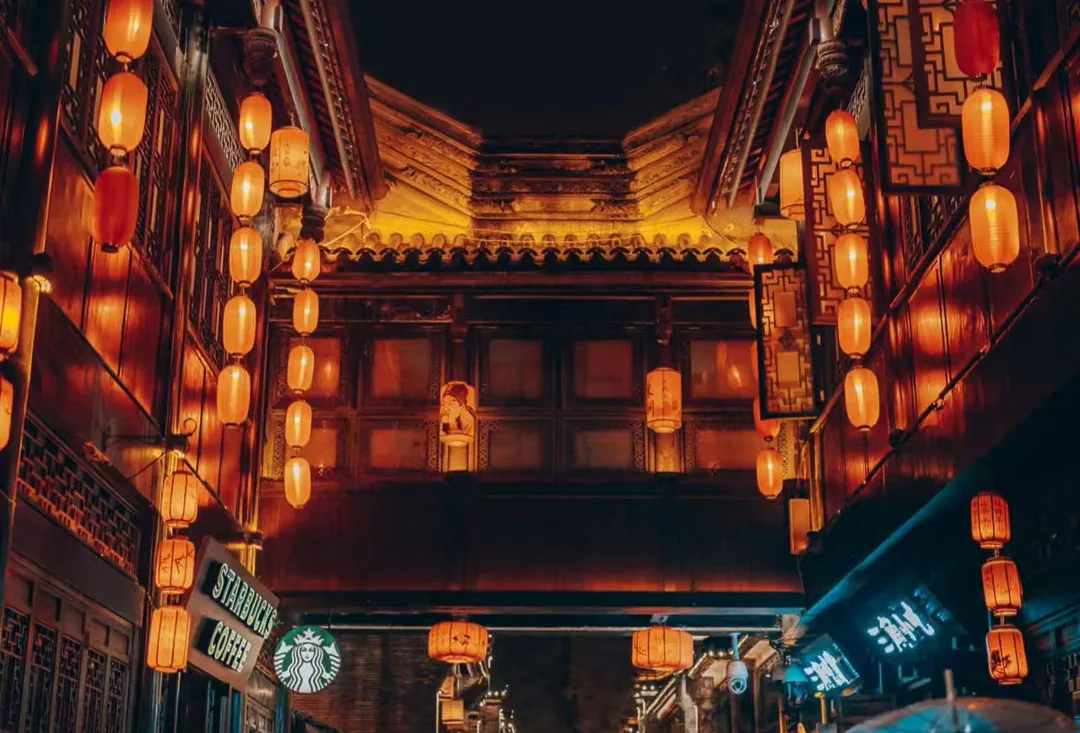 Traditional Chengdu architecture illuminated at night