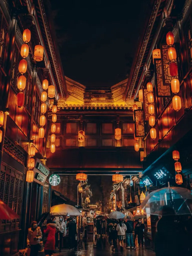 Traditional Chengdu architecture illuminated at night