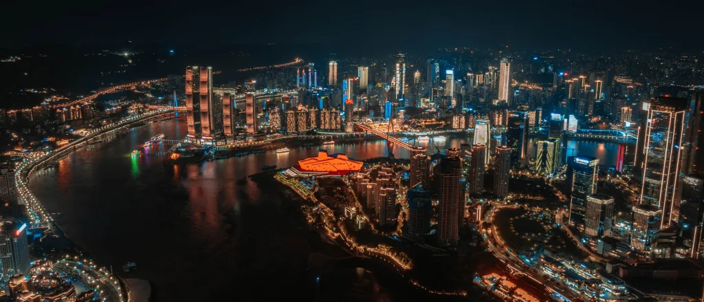 Panoramic night view of Chongqing skyline and the Yangtze and Jialing river confluence