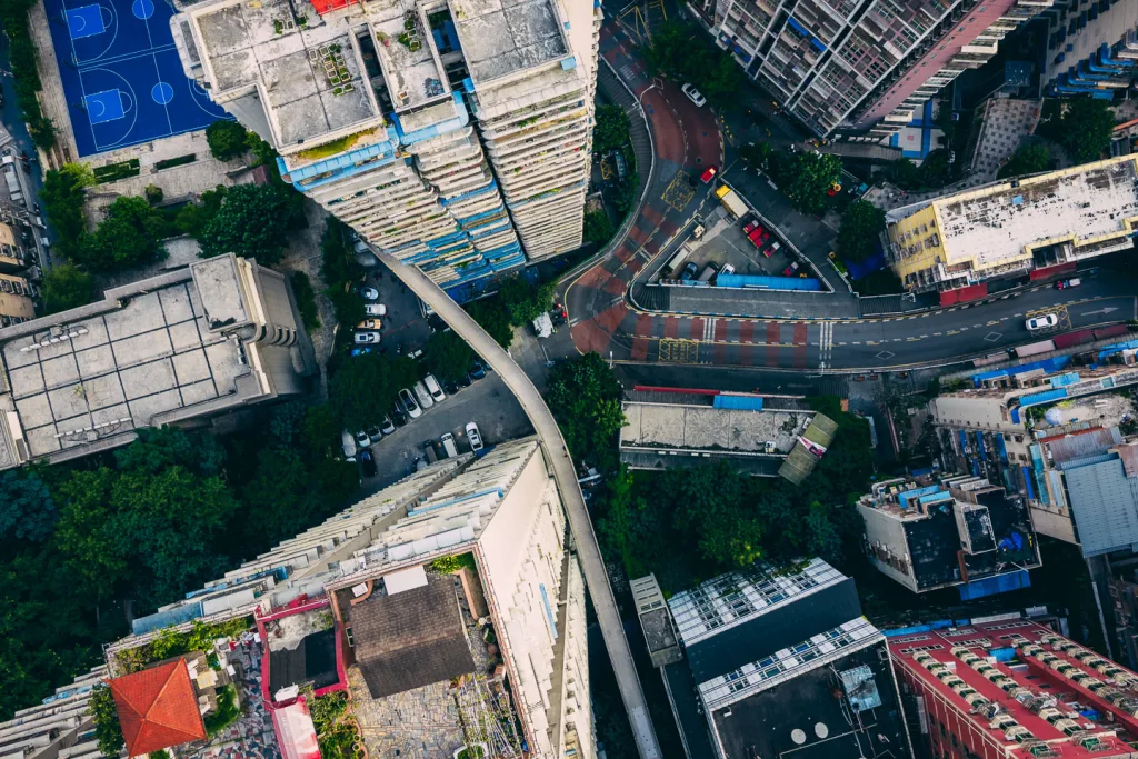 Top-down view of roads and buildings stacked across central Chongqing