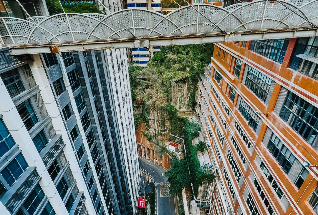 Elevated pedestrian bridges crossing between high-rise buildings at Kuixinglou in Chongqing