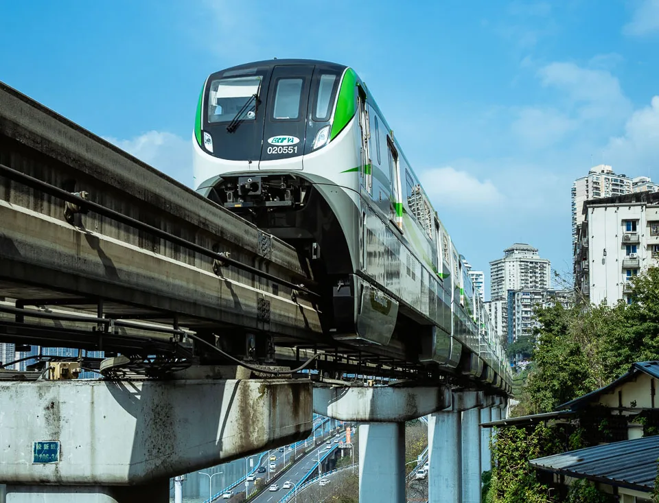 A Chongqing monorail train passing through Liziba Station