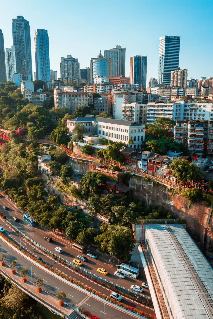 Chongqing cityscape and hillside neighbourhood seen from Mountain City Alley