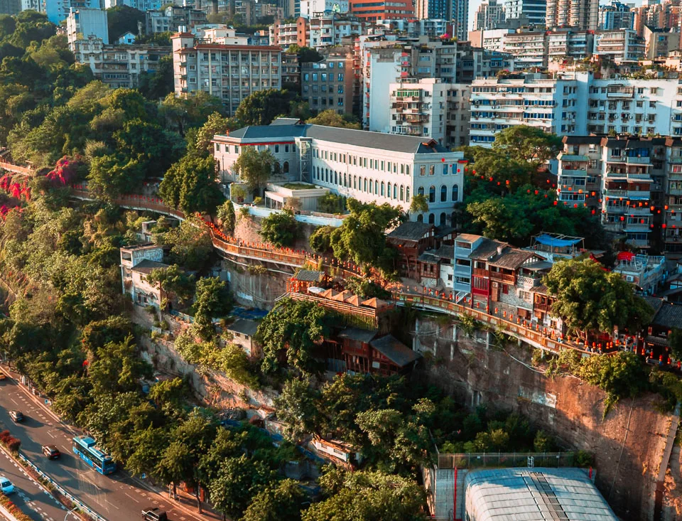 Chongqing cityscape and hillside neighbourhood seen from Mountain City Alley