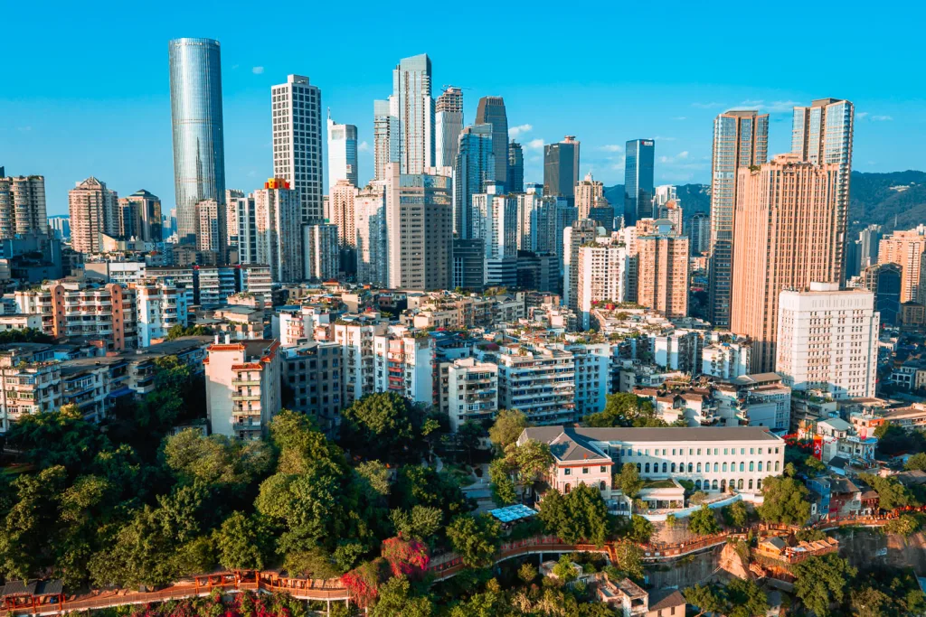 Chongqing cityscape and hillside neighbourhood seen from Mountain City Alley