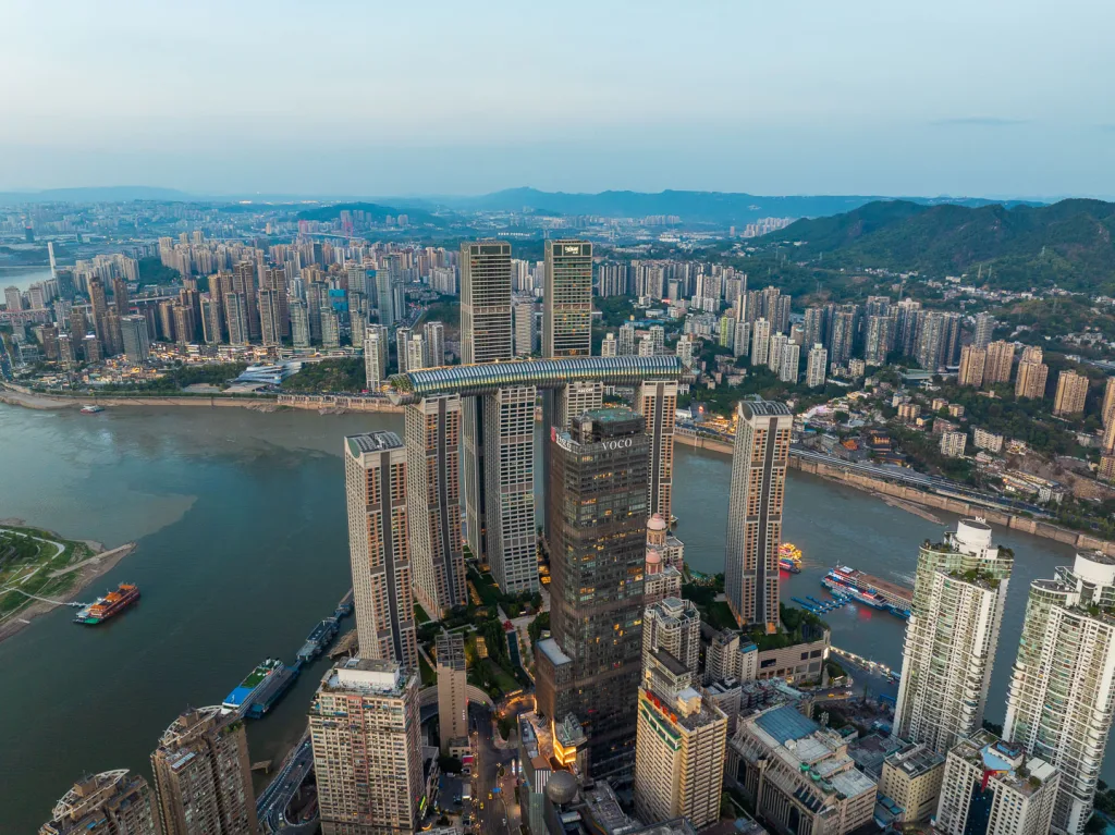 Aerial view of Raffles City Chongqing beside the meeting of the rivers