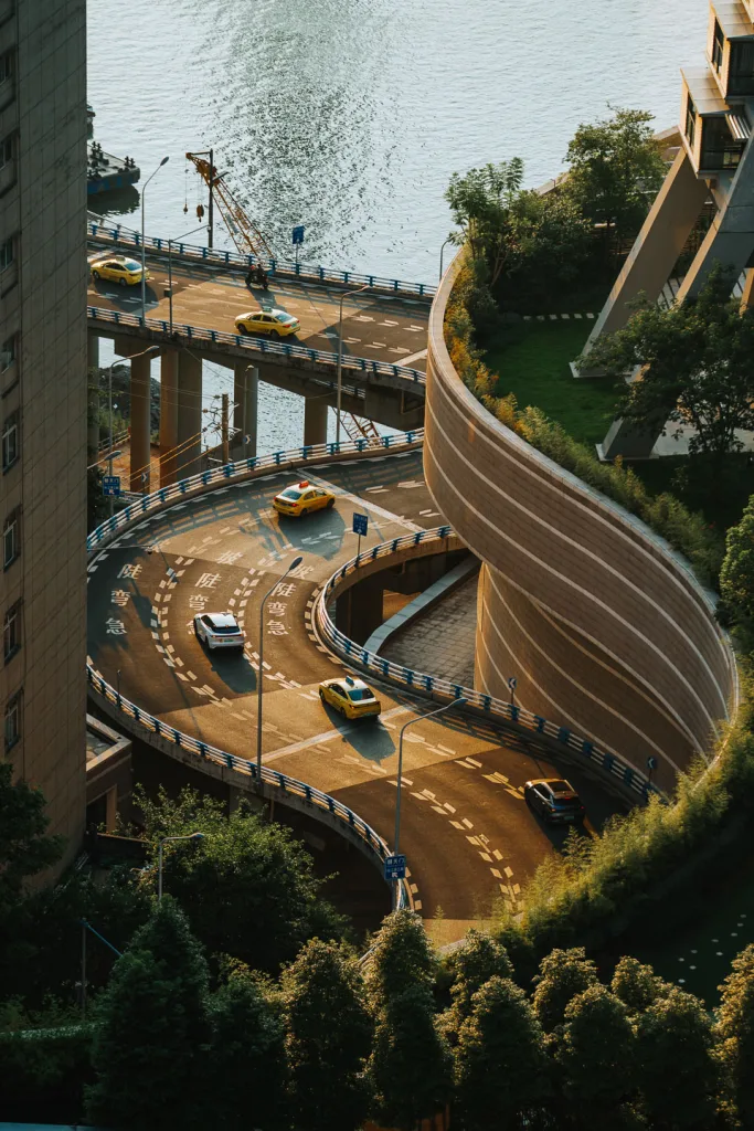 The curved elevated road winding beside Raffles City Chongqing