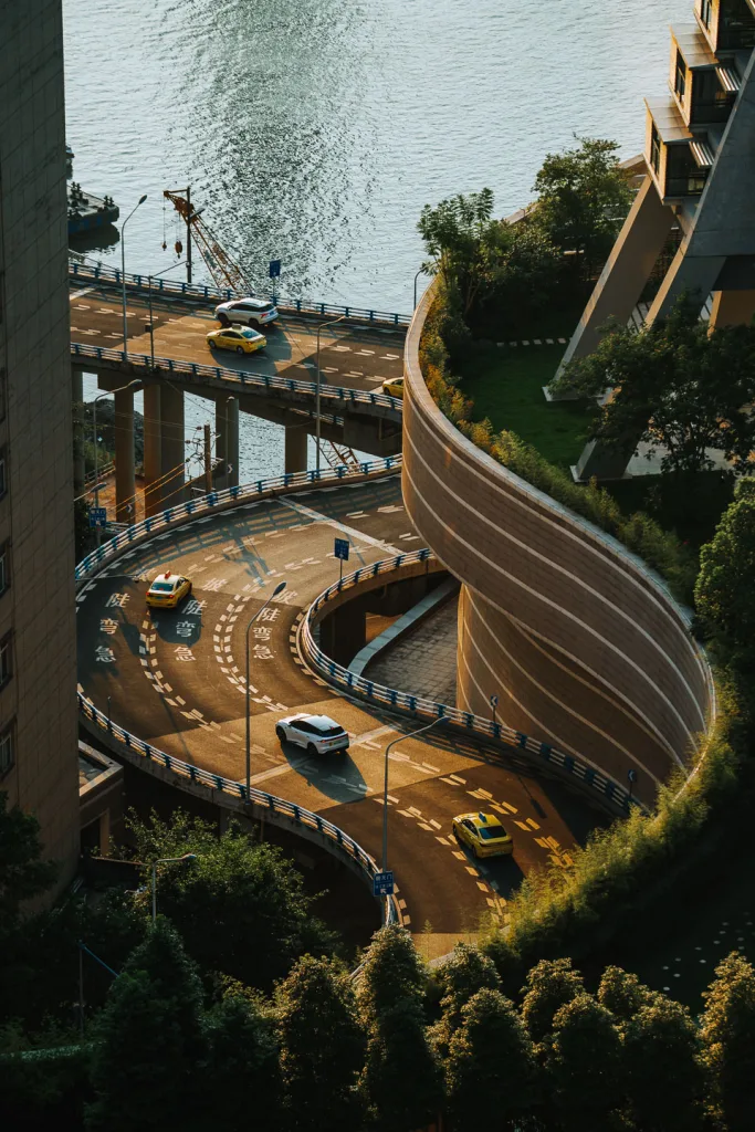 The curved elevated road winding beside Raffles City Chongqing