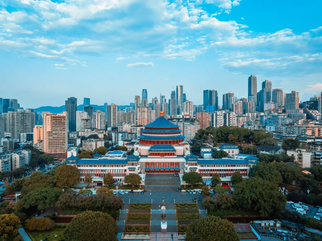 The Great Hall of the People and surrounding Chongqing skyline