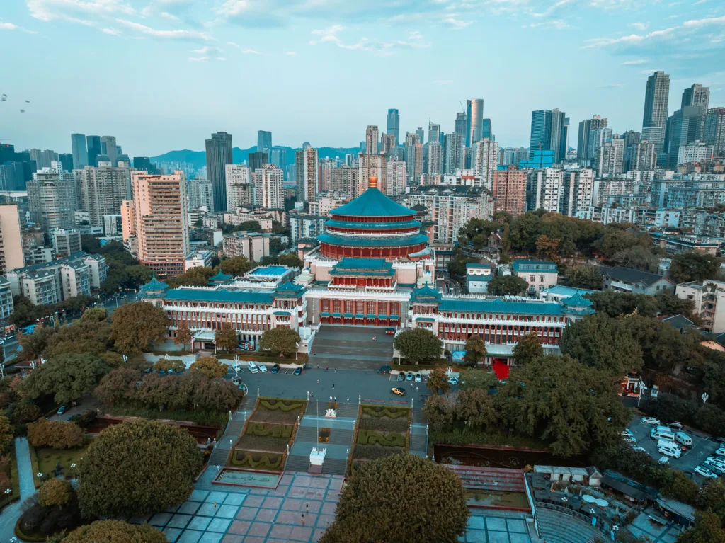 The Great Hall of the People and surrounding Chongqing skyline