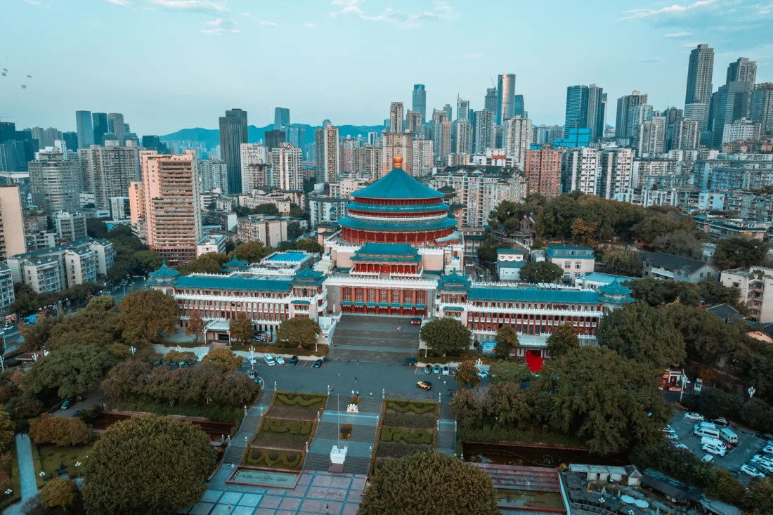The Great Hall of the People and surrounding Chongqing skyline