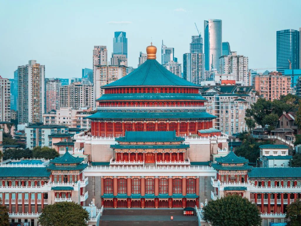 The Great Hall of the People and surrounding Chongqing skyline