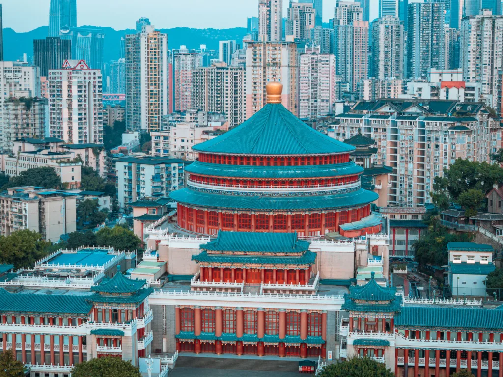 The Great Hall of the People and surrounding Chongqing skyline