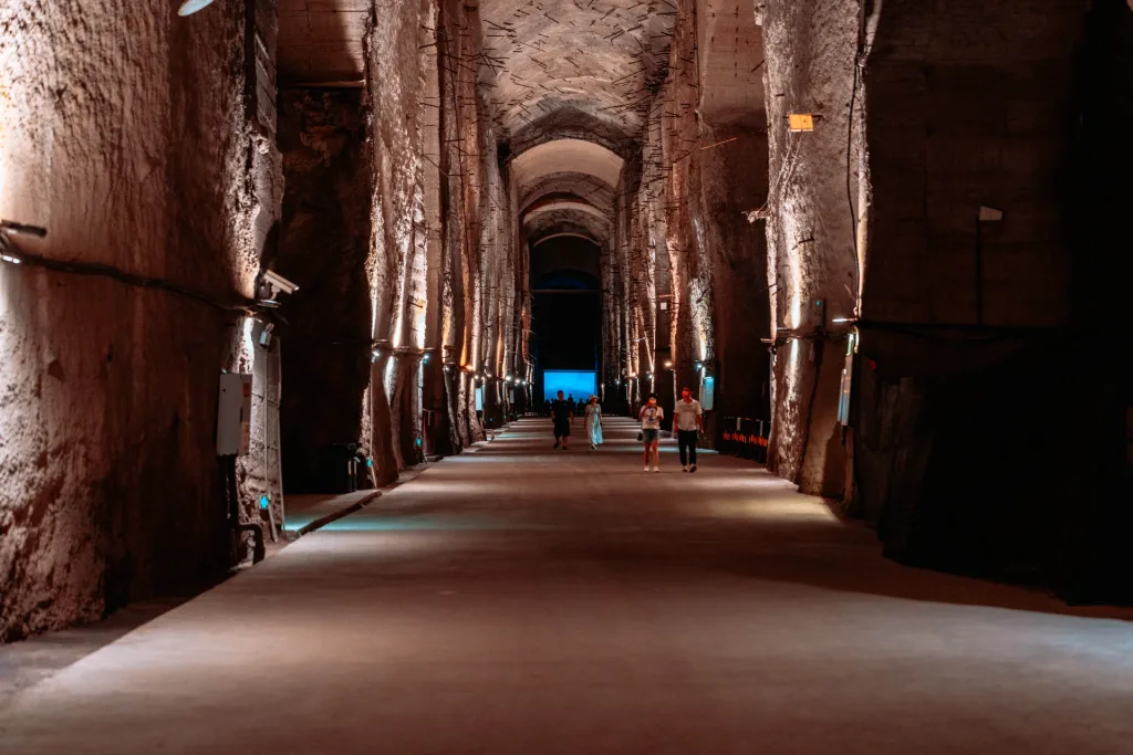 The illuminated underground tunnels and industrial spaces of Chongqing 816 Nuclear Plant