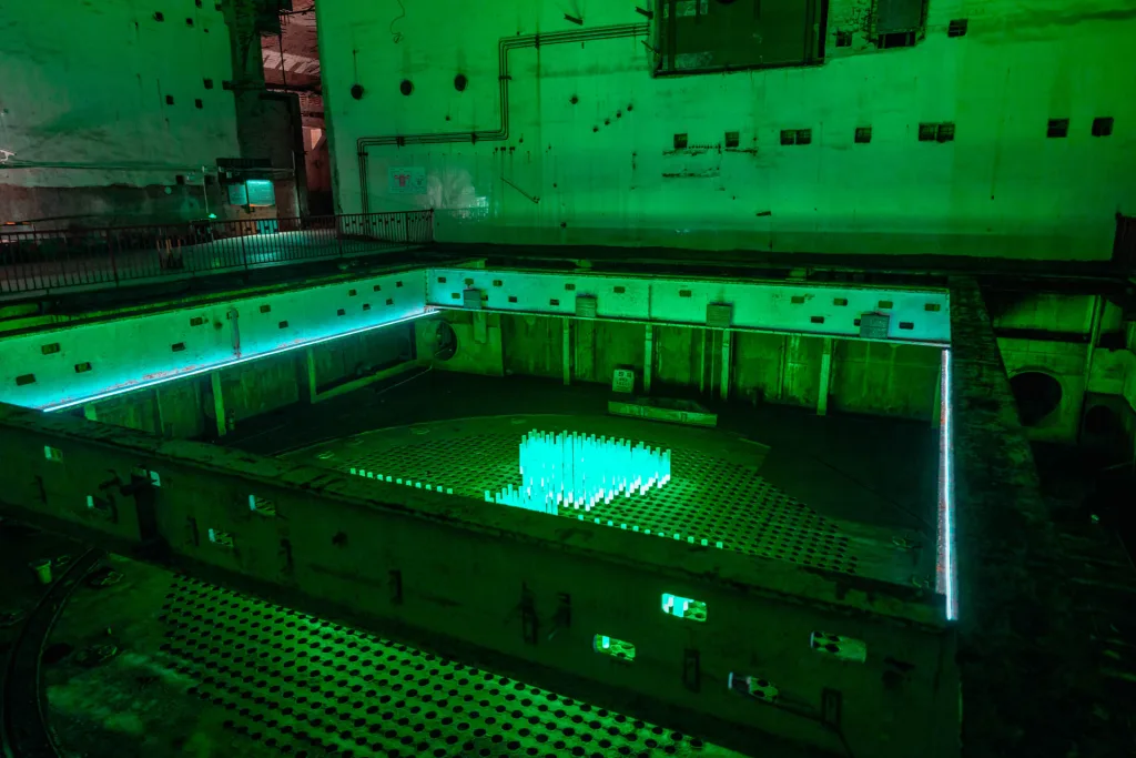 The illuminated underground tunnels and industrial spaces of Chongqing 816 Nuclear Plant