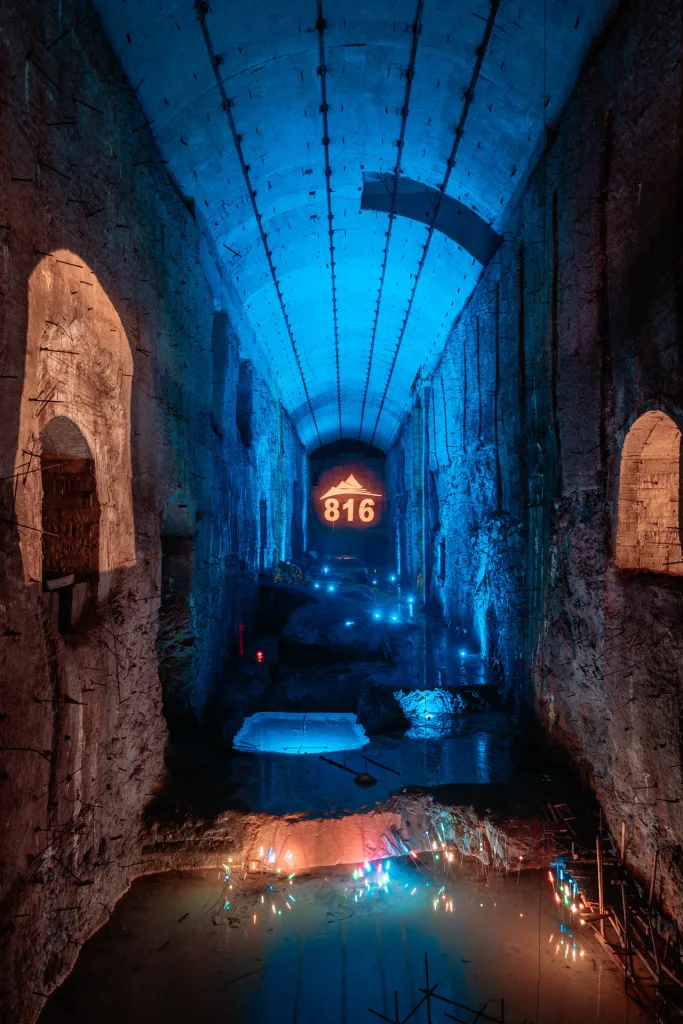 The illuminated underground tunnels and industrial spaces of Chongqing 816 Nuclear Plant
