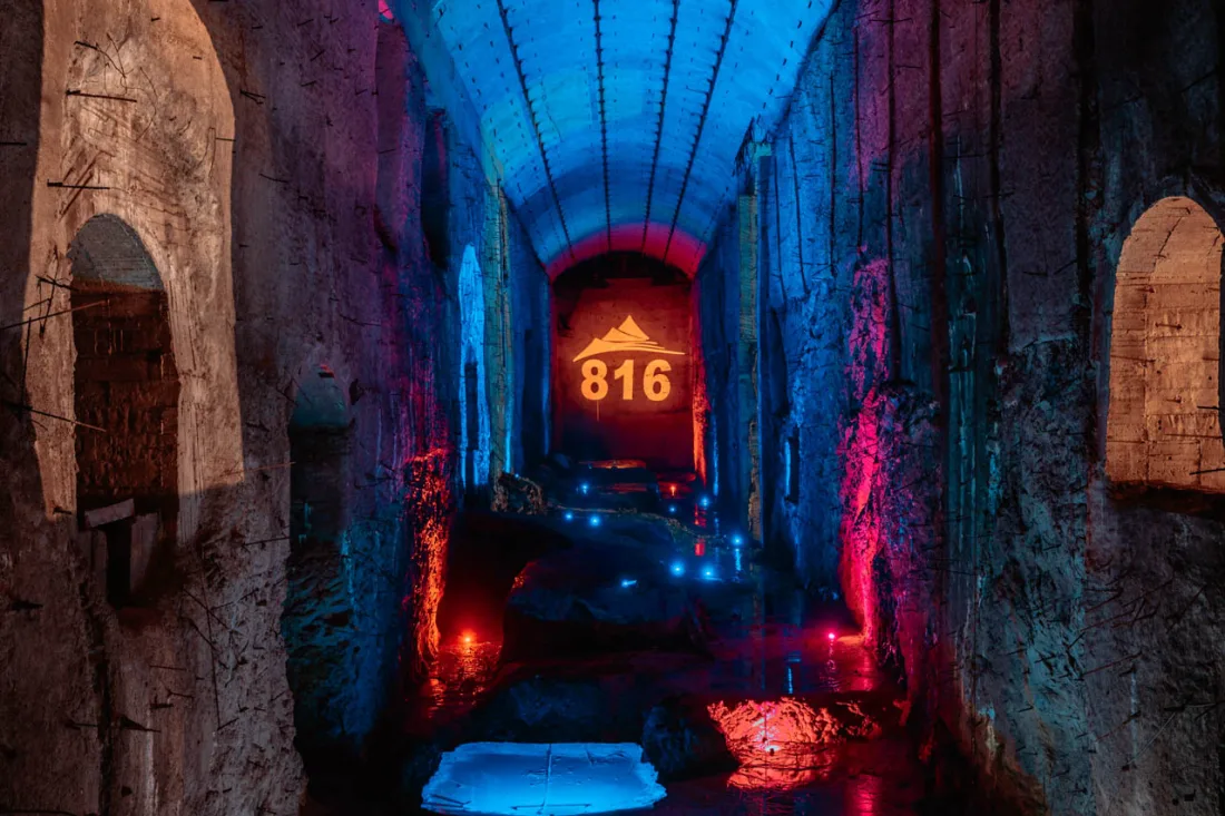 The illuminated underground tunnels and industrial spaces of Chongqing 816 Nuclear Plant