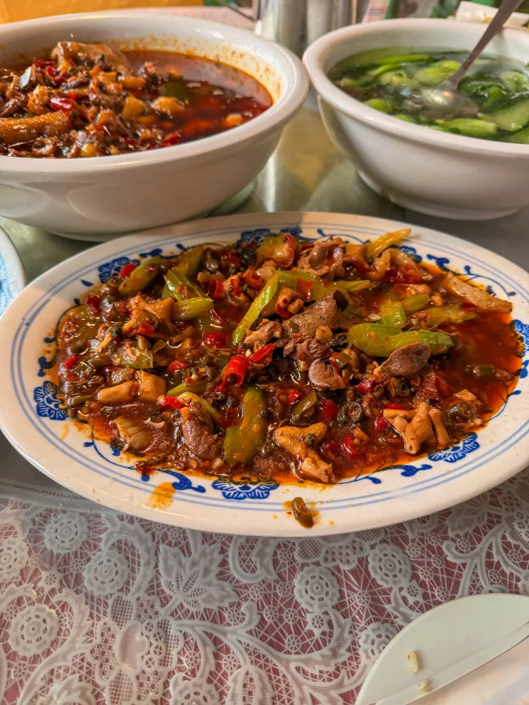 Colourful spicy dishes served at a local Chongqing restaurant
