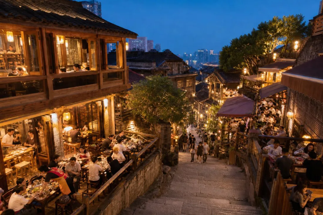 Halal restaurants and local street life around Jiaochangkou in Chongqing