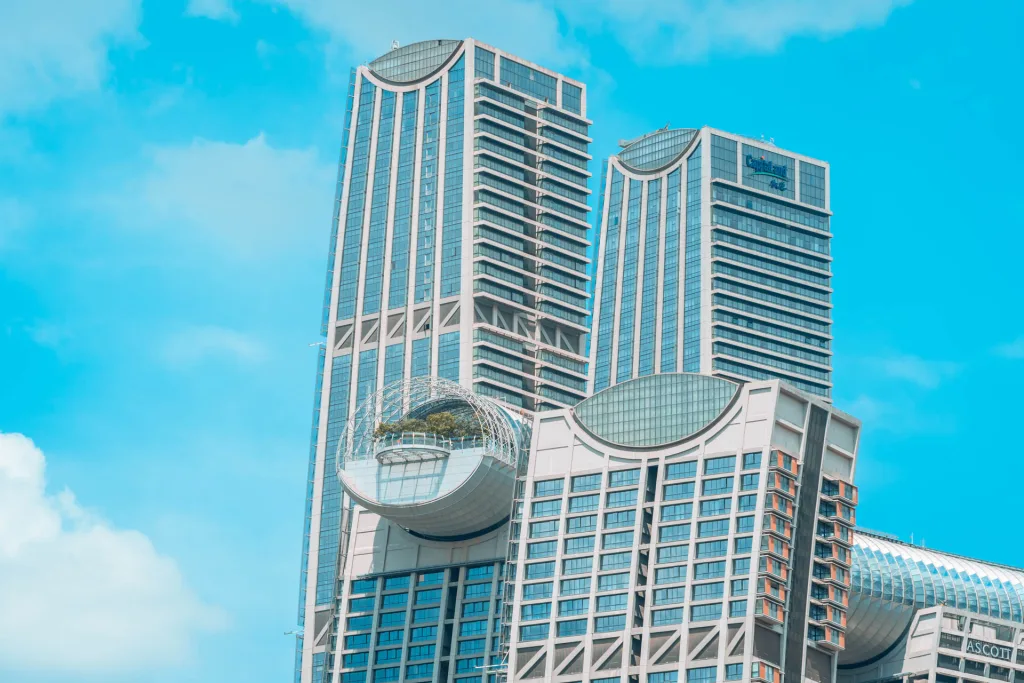 Raffles City Chongqing and the river landscape seen from an elevated viewing deck