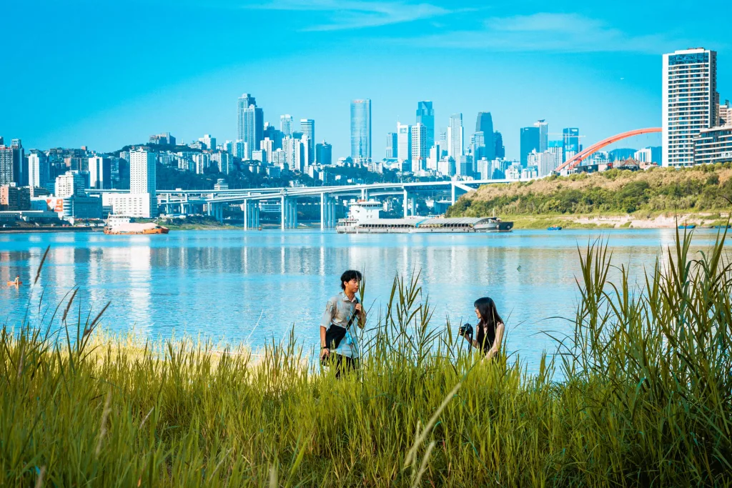 Visitors walking beside green reeds along the Chongqing riverfront