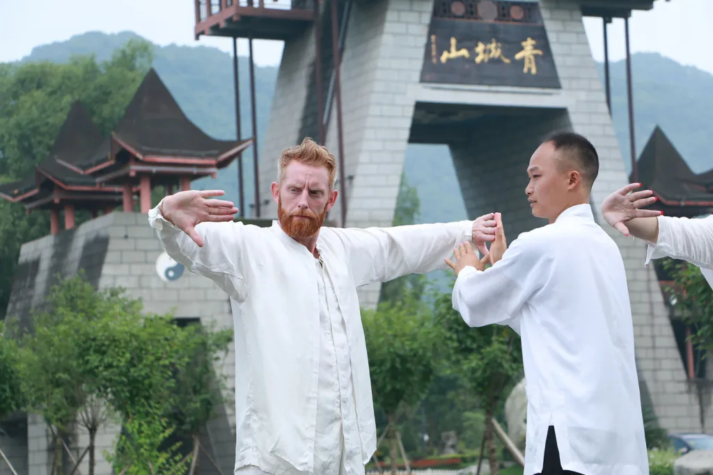 Travellers joining a private Kung Fu class near Chengdu