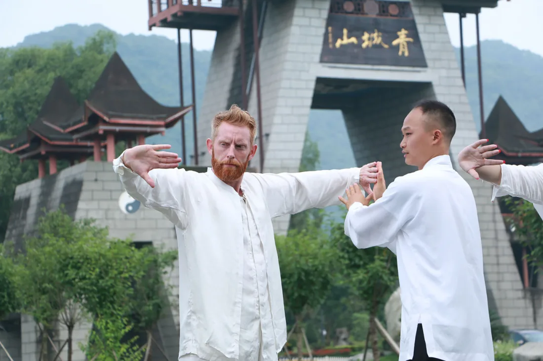 Travellers joining a private Kung Fu class near Chengdu