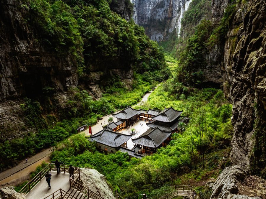 The Three Natural Bridges at Wulong National Park in a serene misty morning